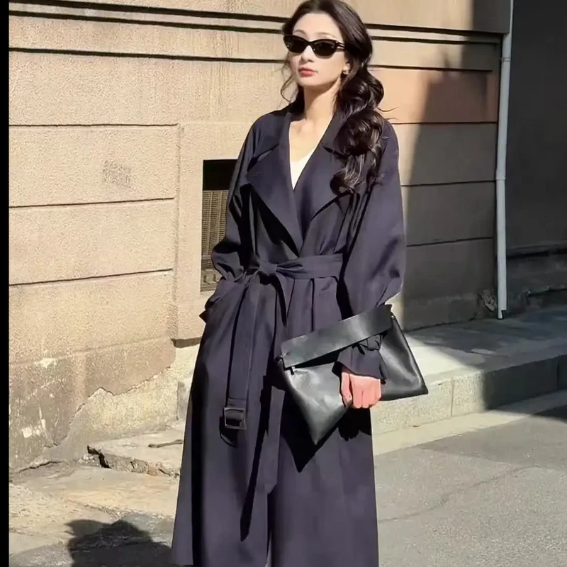 藏青色风衣外套女加长款2025新款春秋韩系高个子高级感英伦风大衣