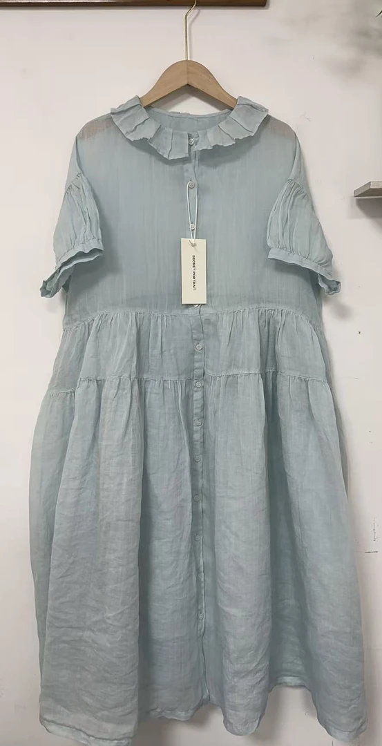 森女系荷叶花边领拼接设计宽松甜美苎麻连衣裙飘逸长裙