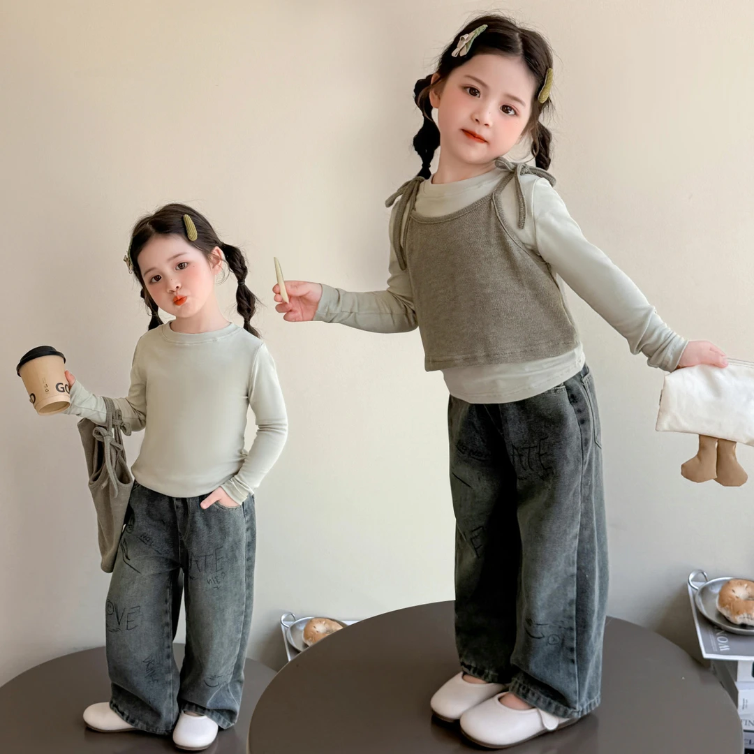 女常规公主风套头休闲风春秋套装百搭外穿纯色内搭女童3件套牛仔