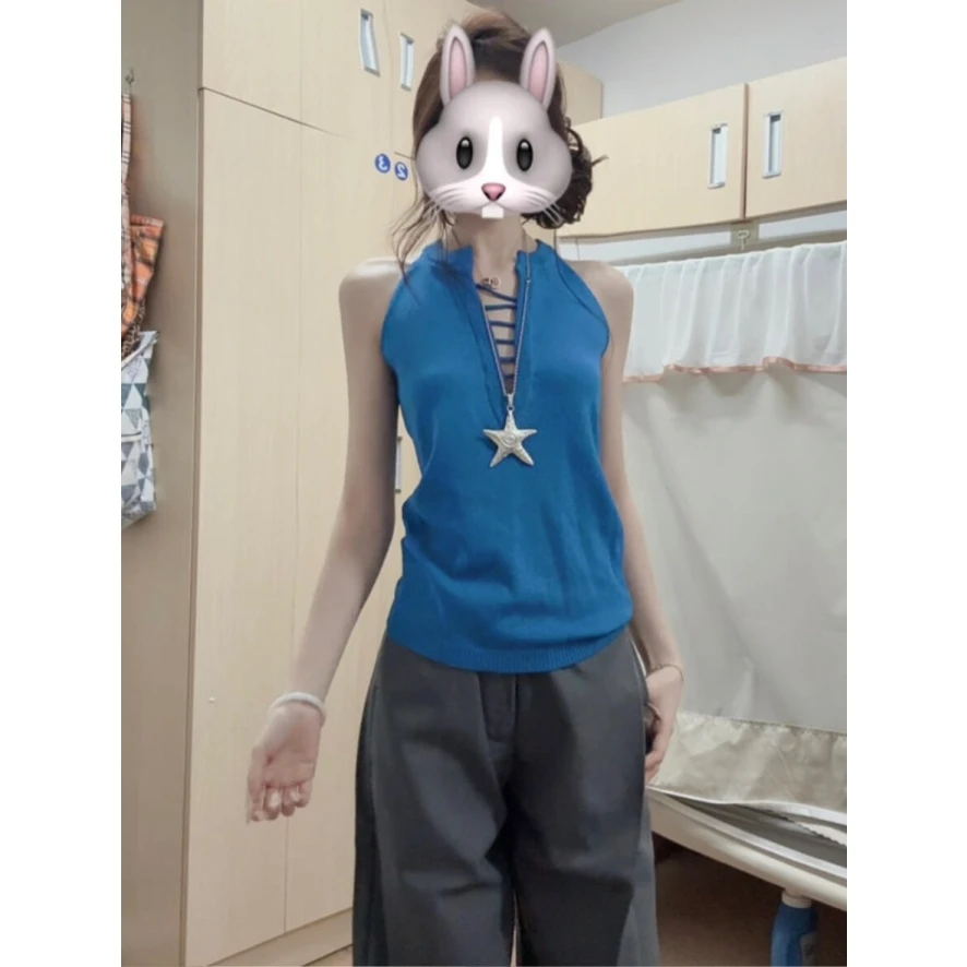 MARIE.COCO设计感纯欲性感V领克莱因蓝吊带上衣女高腰休闲裤套装