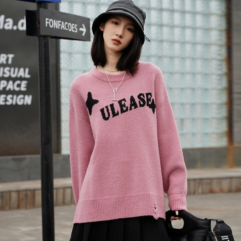 U/TI 绵羊毛混纺圆领针织长袖百搭时尚休闲宽松套头款保暖针织衫