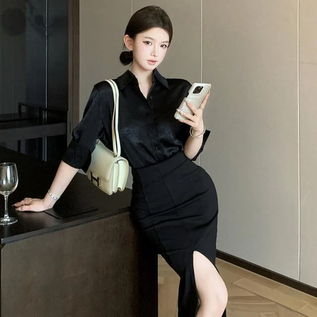 【现货】复古性感高级感polo领显瘦气质衬衫开叉包臀半身裙中长裙套