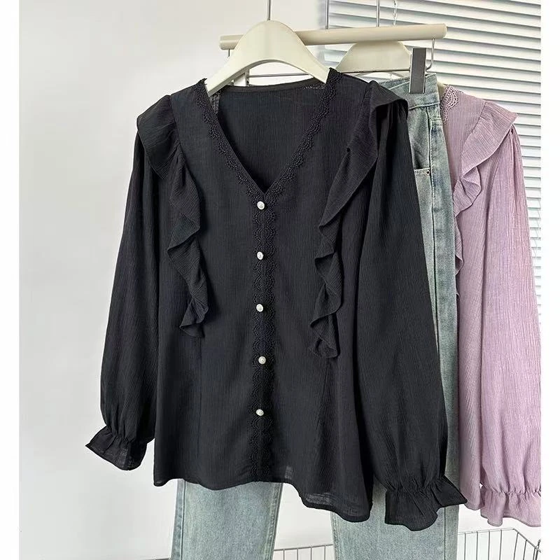 春季V领显瘦气质百搭宽松洋气衬衫荷叶边蕾丝打底衫衬衣