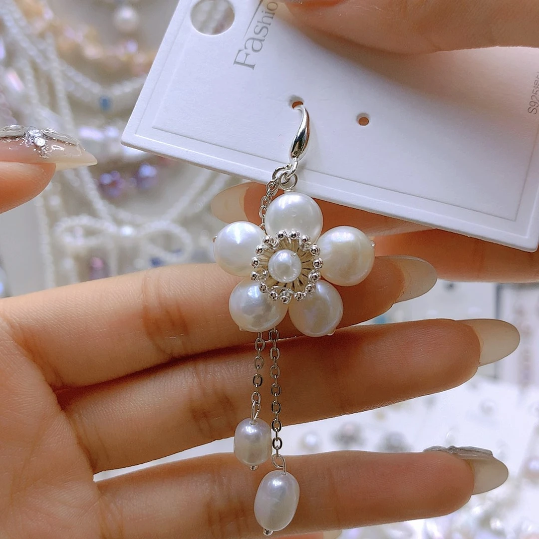 银S925镶嵌耳饰淡水珍珠贝**草