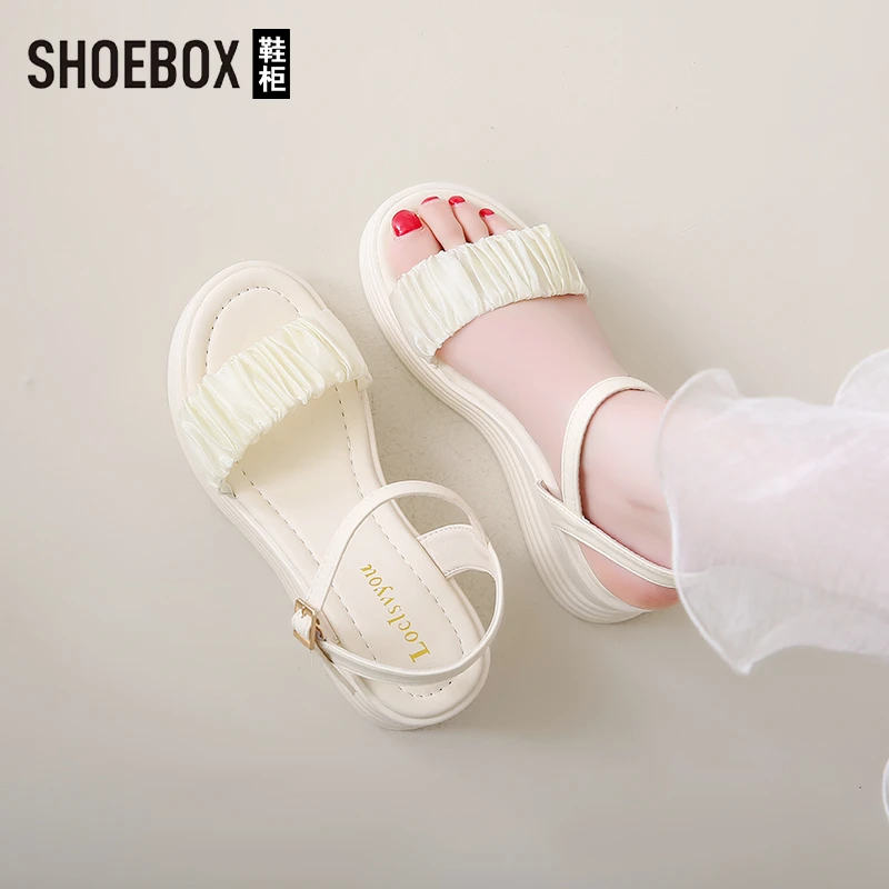 SHOEBOX鞋柜厚底增高一字带凉鞋2025夏新款防滑百搭法式罗马凉鞋