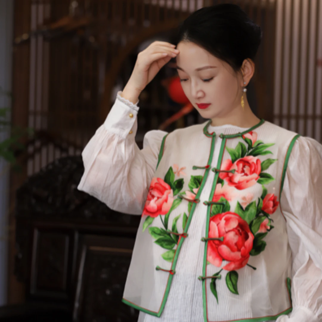 龍熹让｜苏绣一见倾心芍药纹欧根纱马甲复古新中式