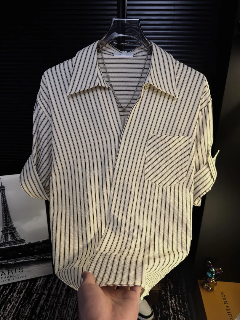 夏季新款男装轻奢条纹经典设计百搭翻领高级感衬衫
