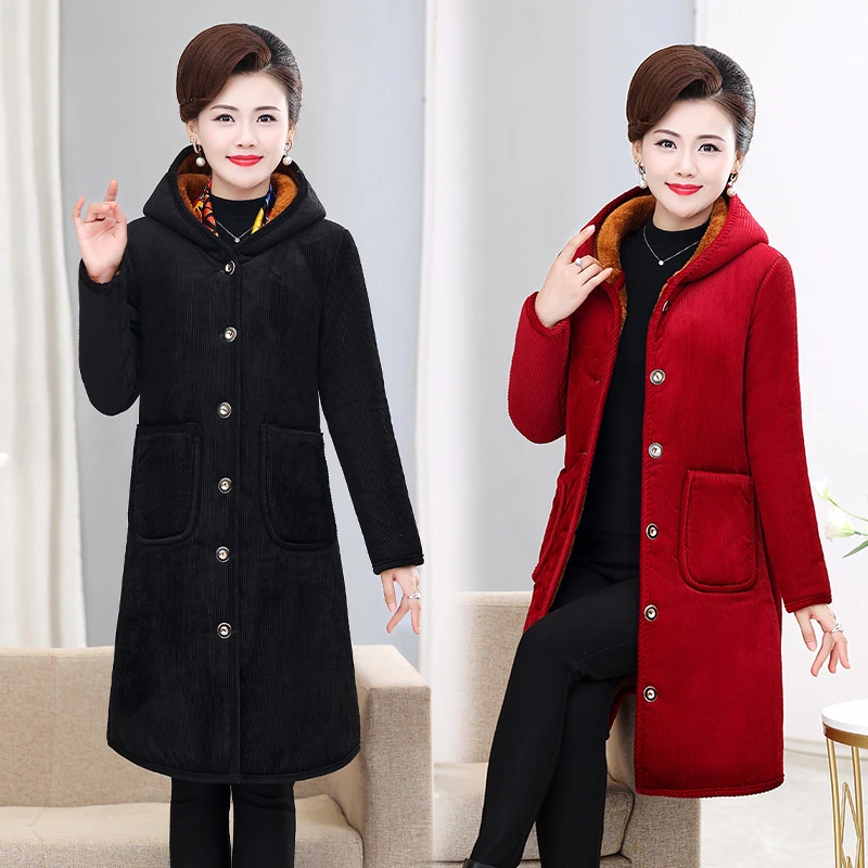 女中长款棉衣女冬整张棉不起坨棉服老年人秋冬连帽大码妈妈装中年