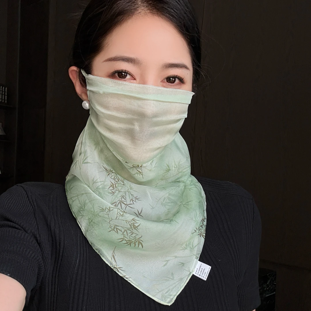 透气轻薄真丝印花面罩护颈遮全脸挂耳脸罩桑蚕丝面纱春夏季防晒女
