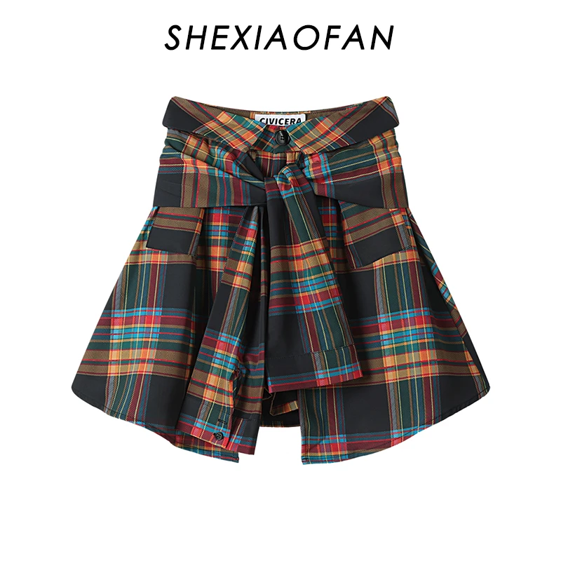 秋季穿搭2025新款美式复古假两件格纹百搭半身裙女不规则A字短裙