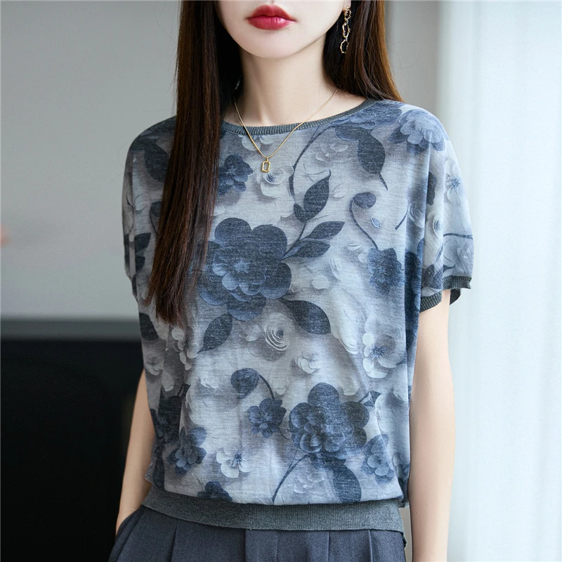 品牌撤柜正品圆领薄款印花针织衫女装夏季新款洋气宽松短袖上衣