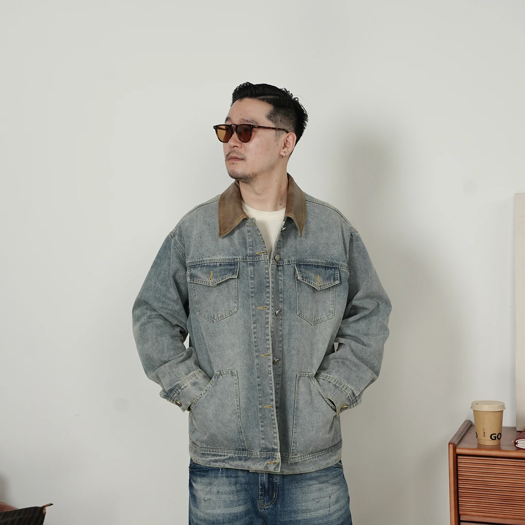 25FW秋季重磅拼接工装牛仔外套日系复古翻领水洗单宁夹克休闲百搭