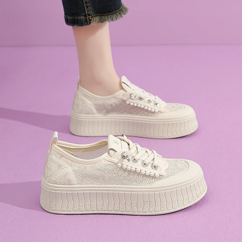蕾丝时尚休闲鞋亮片增高女运动鞋休闲鞋饼干鞋小香风韩版厚底