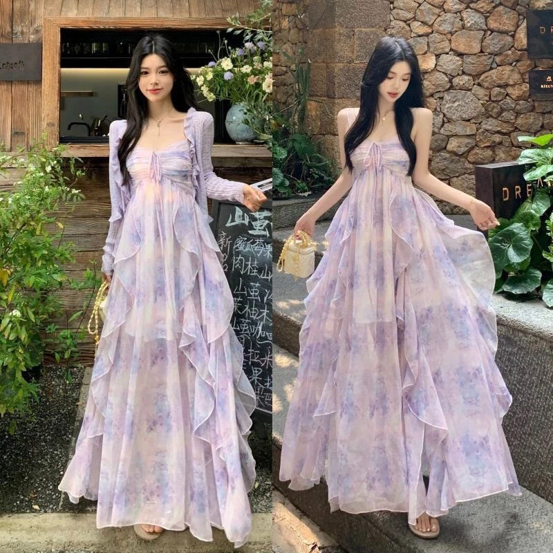 法式绝美仙气连衣裙女2025年夏季新款紫色雪纺荷叶边大码连衣裙