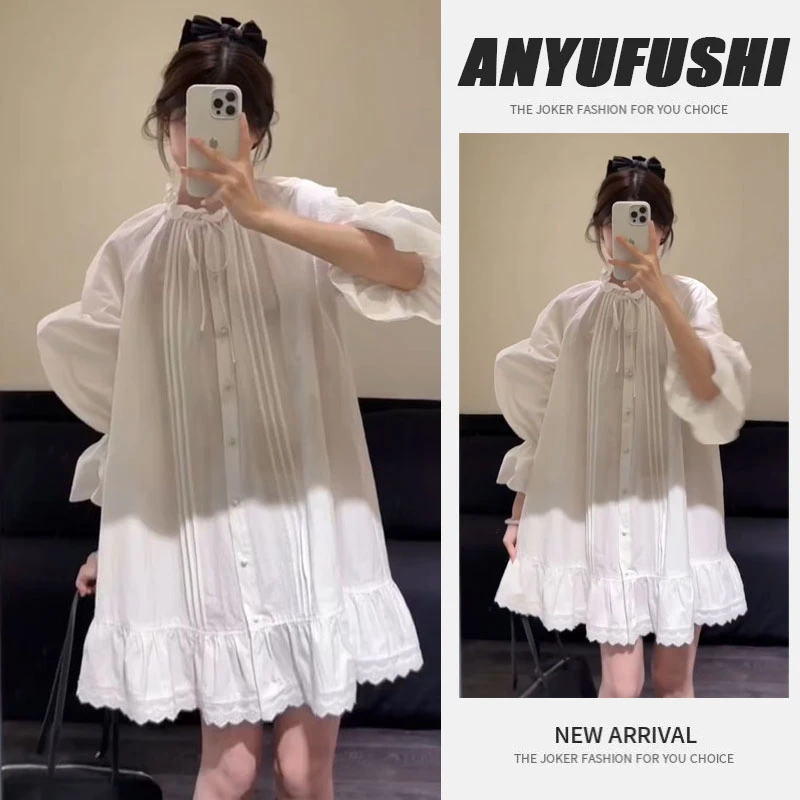 法式度假风小个子独特漂亮气质高级感减龄白色灯笼袖衬衫连衣裙女