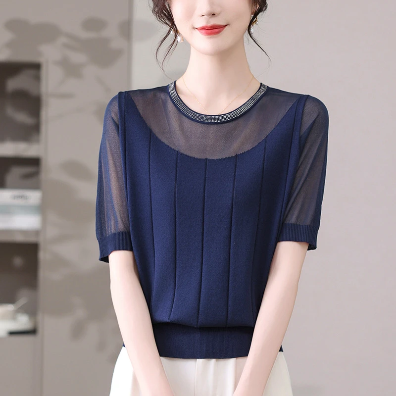 胖mm冰丝圆领短袖t恤女夏季大码宽松减龄网纱拼接半袖上衣针织衫