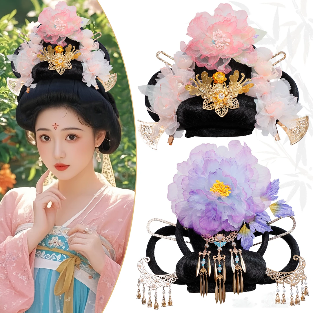 古风一体式假发大唐贵妃牡丹花朵合金饰品发髻造型垫发包头饰套装