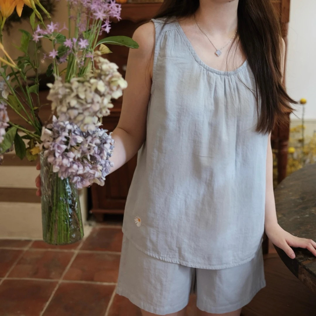 【Bubbles】全棉双层纱无袖刺绣背心款短裤家居服慵懒夏季柔软透气