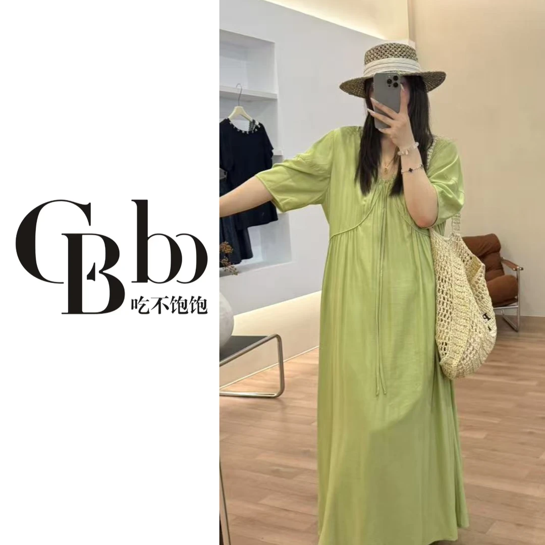 【吃不饱饱】大码 绿野仙踪 V领系带褶皱温柔度假风连衣裙3817