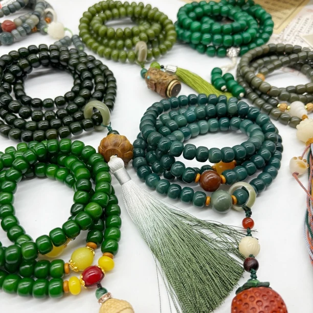绿色系菩提根诛业108颗手持流苏古风文玩车挂念珠