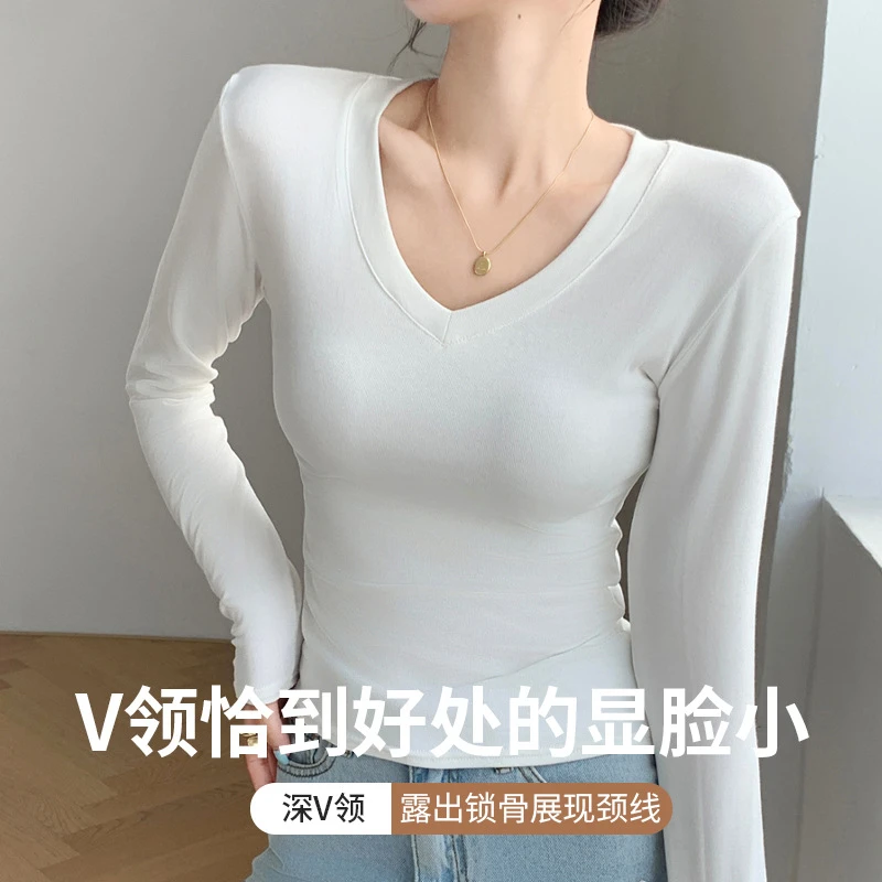 严选爱心领打底衫内搭外穿设计感上衣白色长袖t恤正肩V领秋季