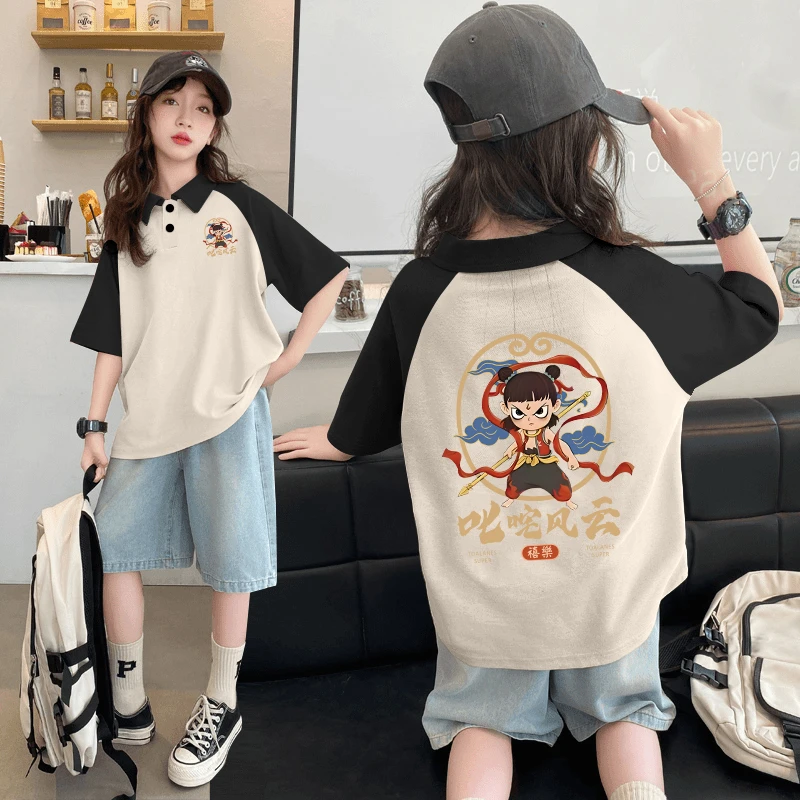 2025新款爆款卡通哪吒印花男童女童拼接POLO衫短袖T恤韩版翻领潮