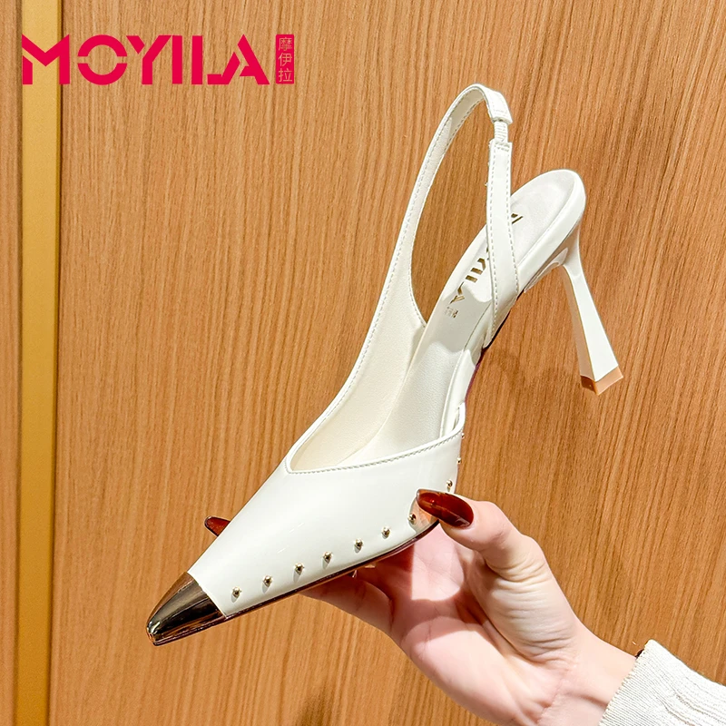 摩伊拉防撞金属方头女2025春夏季新款通勤铆钉后空绊带细跟单鞋