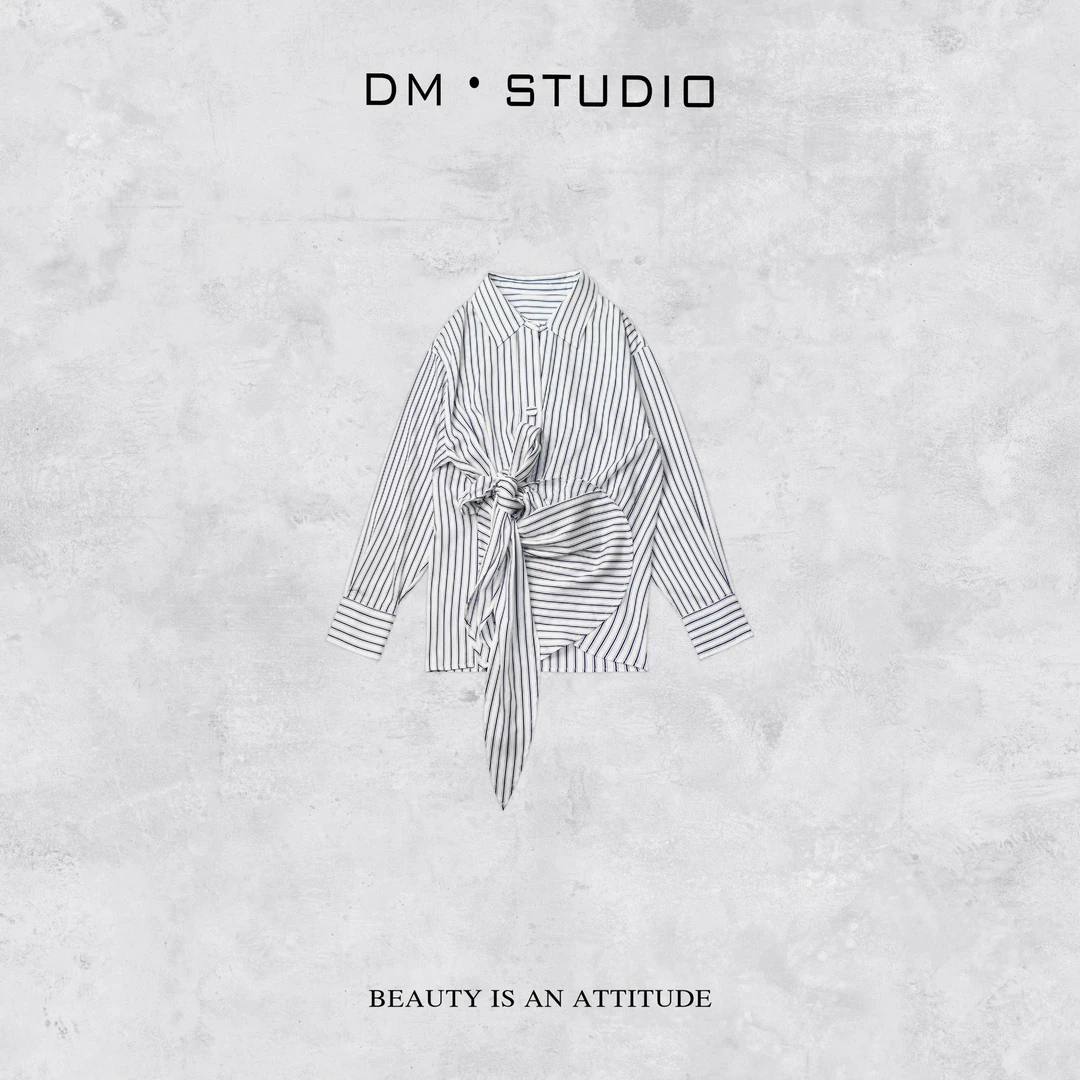 -DM•STUDIO/气质简约日常系绳不规则下摆条纹衬衫（AC25110）
