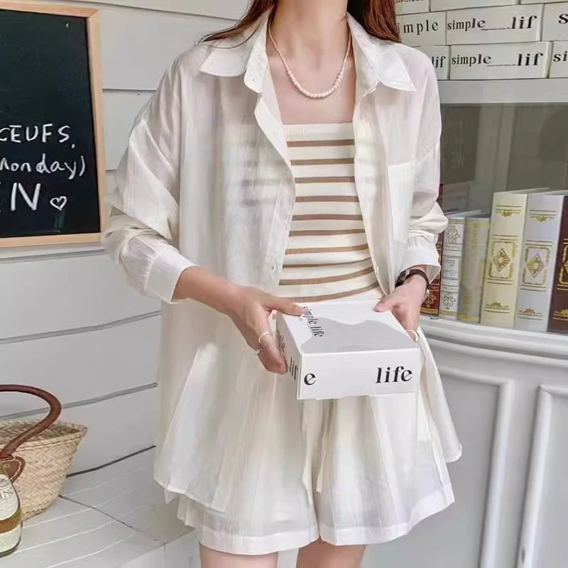 冰丝薄款防晒衣衬衫背心短裤子三件套女2025夏季宽松显瘦休闲套装