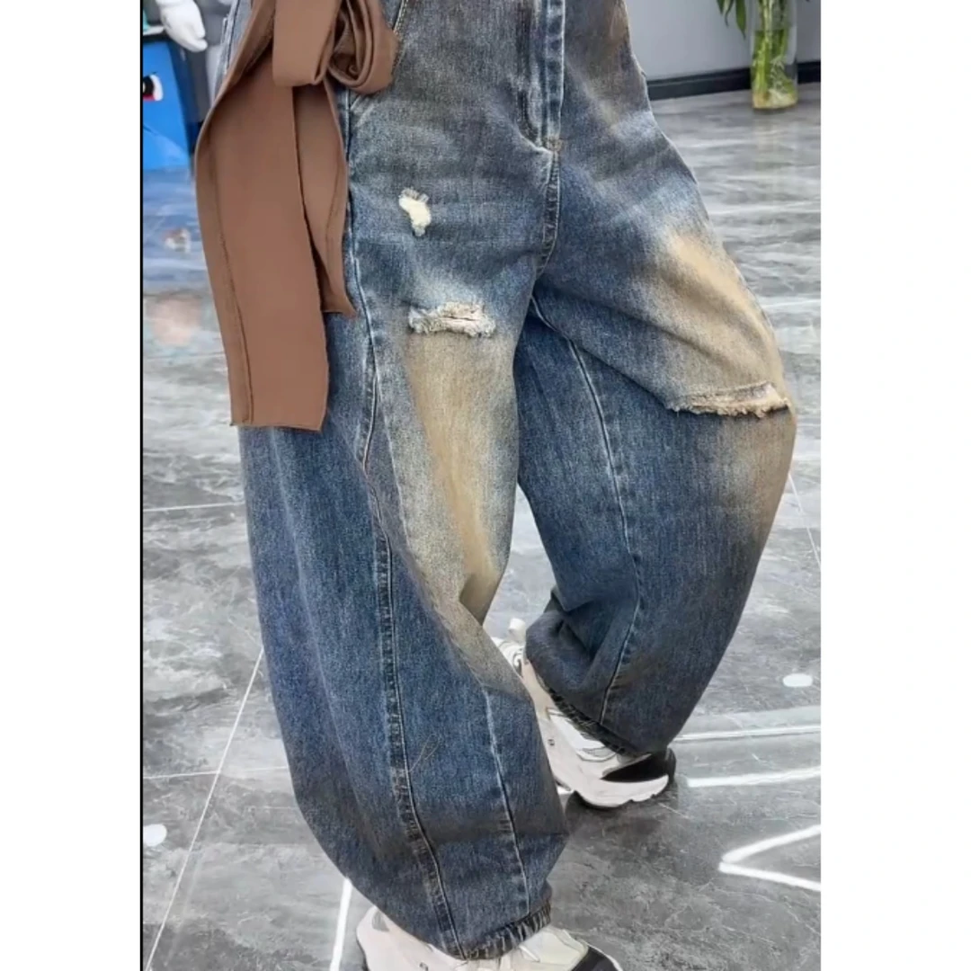 2025夏季新款高腰显瘦大码阔腿显瘦时尚牛仔做旧裤