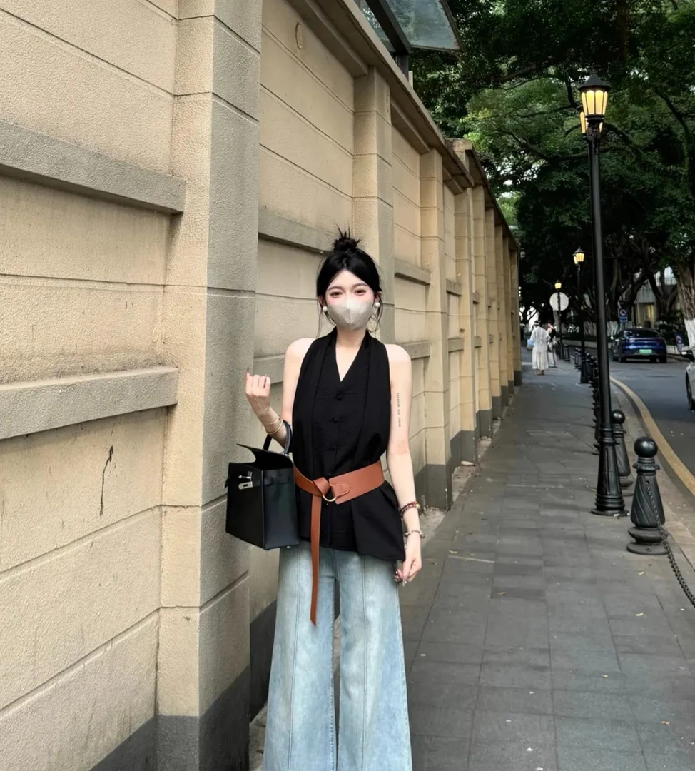 【时夏有风】法式挂脖v领无袖衬衫女露肩绝美上衣酷飒风女装高级感