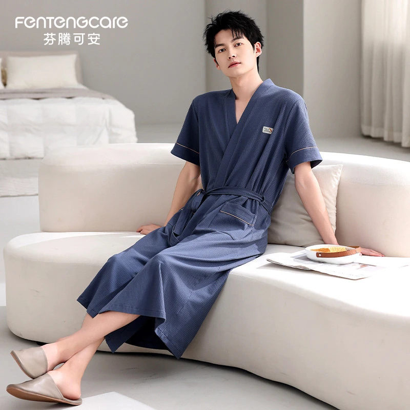 芬腾可安夏季纯棉睡袍男士中长款系带短袖中长款浴袍家居服加大码