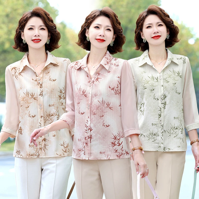 中年妈妈春装雪纺七分袖上衣时尚减龄打底衫中老年新中式洋气T恤