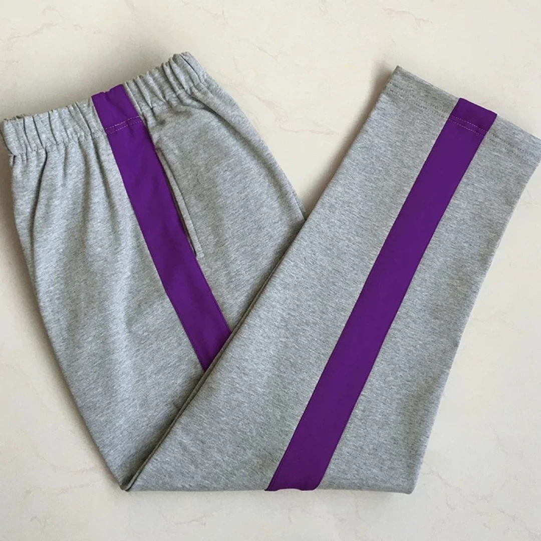 春秋款浅灰色宽紫条中小学生校服运动休闲长裤裤子