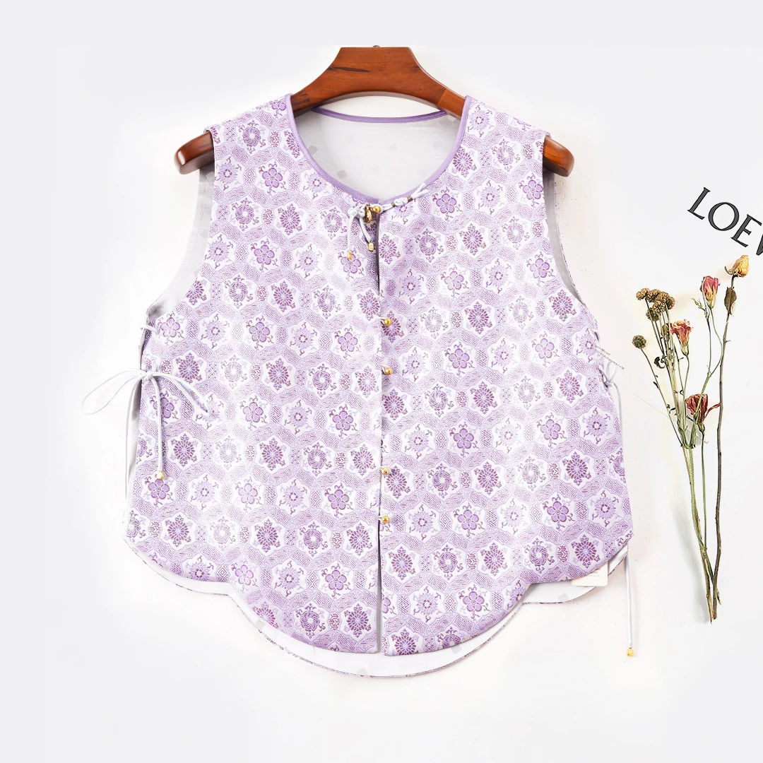 琸娅92%桑蚕丝真丝提花小方块提花织锦缎两面穿无袖马甲薄款马夹