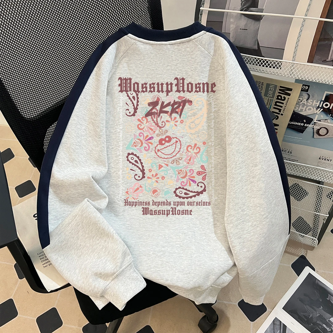 WASSUP UOSNE美式复古拼接撞色圆领卫衣男冬季宽松加绒挺阔上衣潮