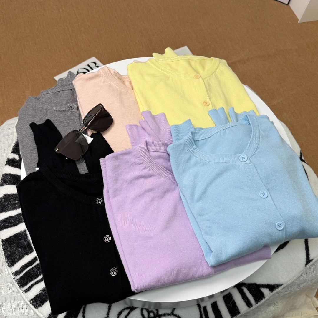 春秋百搭长袖针织衫圆领开衫毛衣上衣纯色毛衫外套宽松时尚薄款