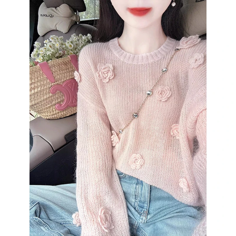 法式设计感温柔风立体花朵长袖针织衫女甜美百搭减龄休闲显瘦上衣