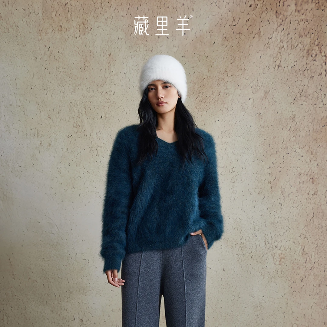 藏里羊【北美小动物毛毛】“温柔陷阱”寒冬bi入 V领纯色上衣M1461