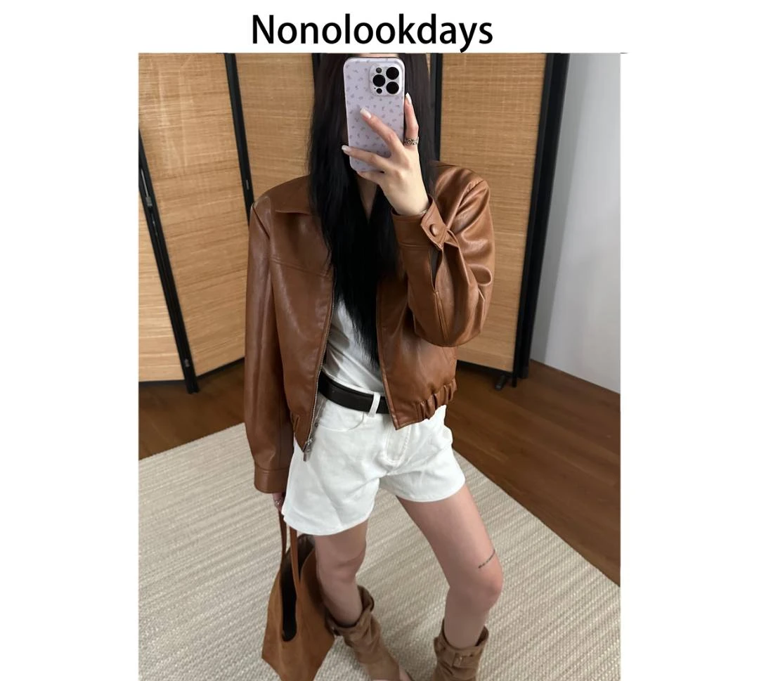 【Nono】JW2025秋冬黄棕色拉链夹克翻领皮衣女短款外套