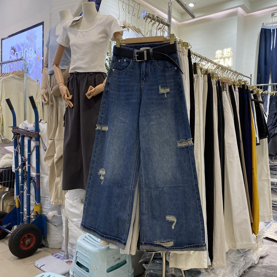 高腰破洞阔腿牛仔裤女2025夏季宽松显瘦直筒裤拖地裤