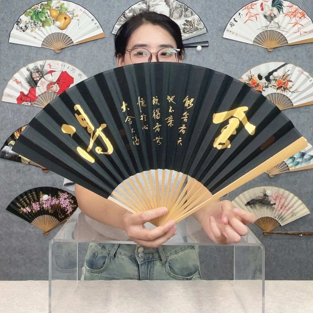 国画95寸水磨玉竹纯手绘-文玩扇骨（默认粘好）