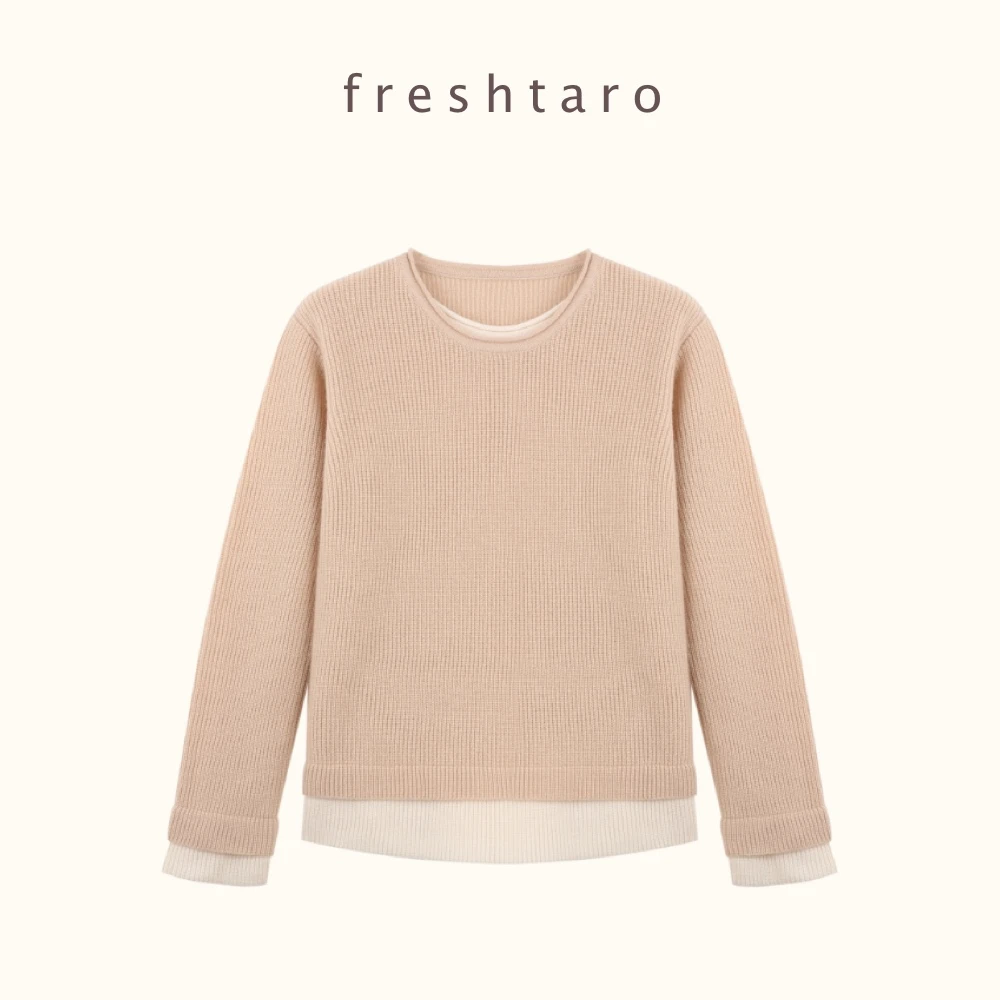 freshtaro 柔卡其米/巧克力色 假两件设计羊毛圆领针织衫女冬毛衣