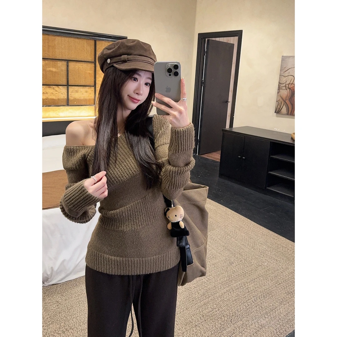 溪溪靓衫~淡颜天菜 韩系斜肩毛衣+韩系微喇加厚休闲长裤显瘦套装