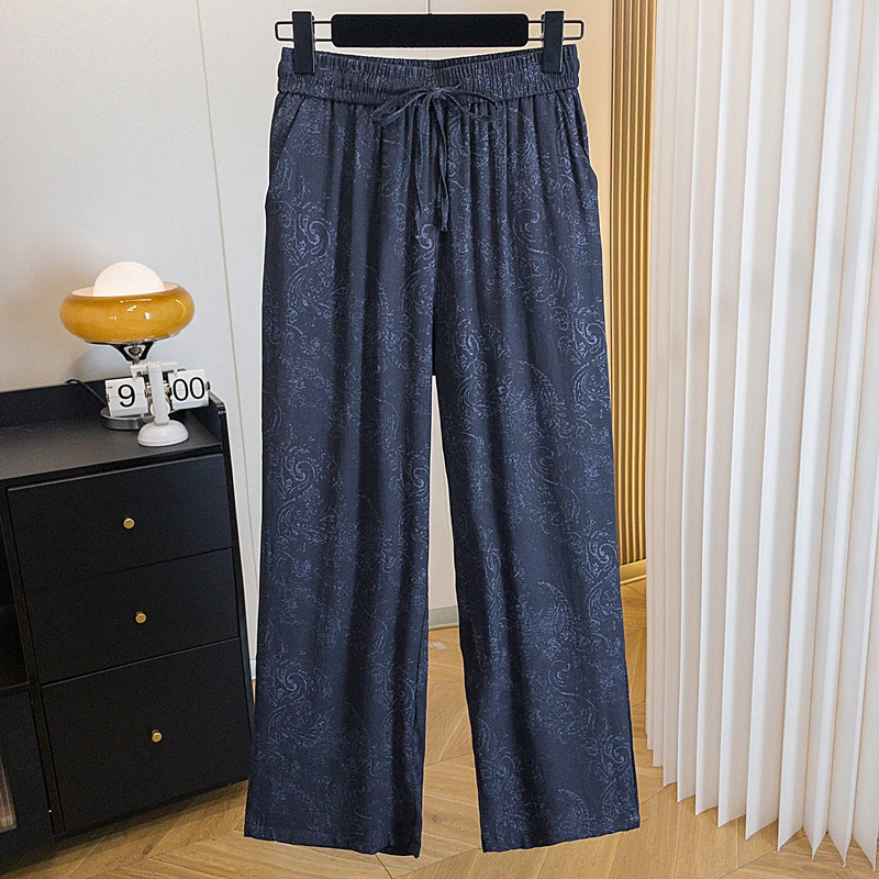 2025夏季薄款韩版时尚百搭休闲裤女高腰微胖抽绳潮流亚麻阔腿裤子