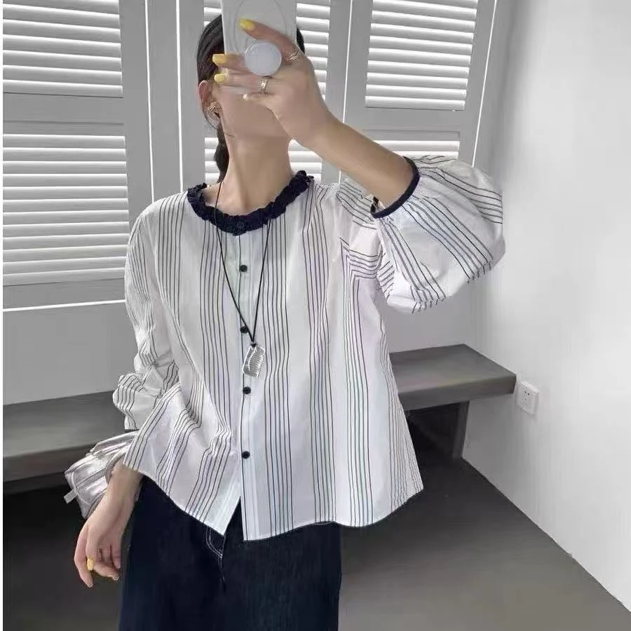 法式高级感木耳边撞色条纹衬衫女2025秋季新款宽松显瘦长袖上衣潮