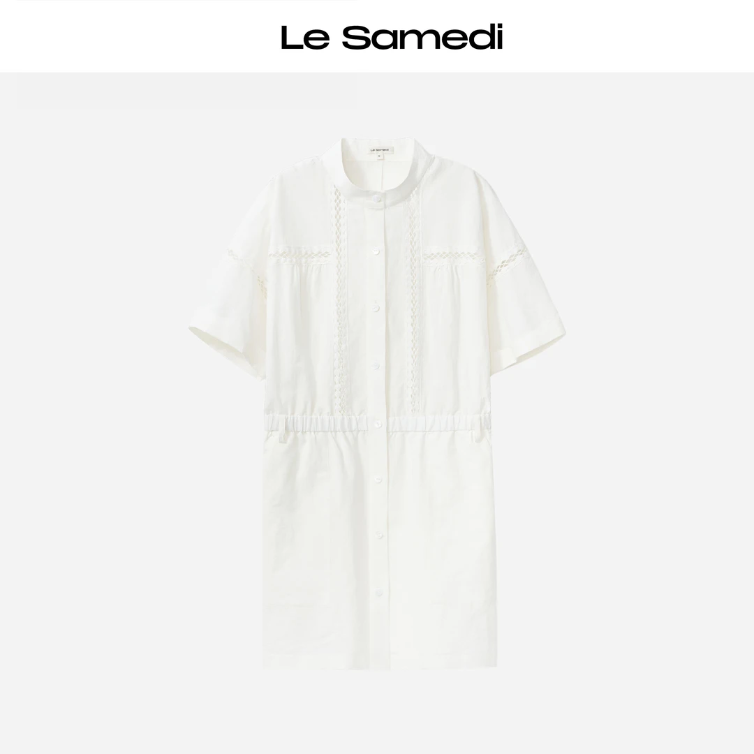 Le Samedi【南法几何】蕾丝镂空 慢人风小立领收腰衬衫式短连衣裙