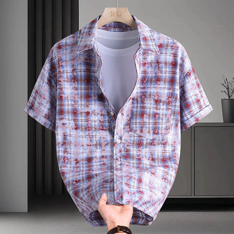 夏季男士休闲格子衬衫潮流微宽松时尚百搭帅气韩版短袖CS24012