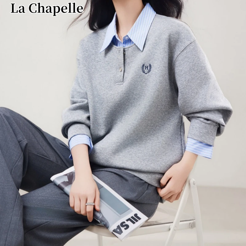 拉夏贝尔条纹拼接假两件上衣长袖新款衬衫领宽松休闲百搭卫衣女