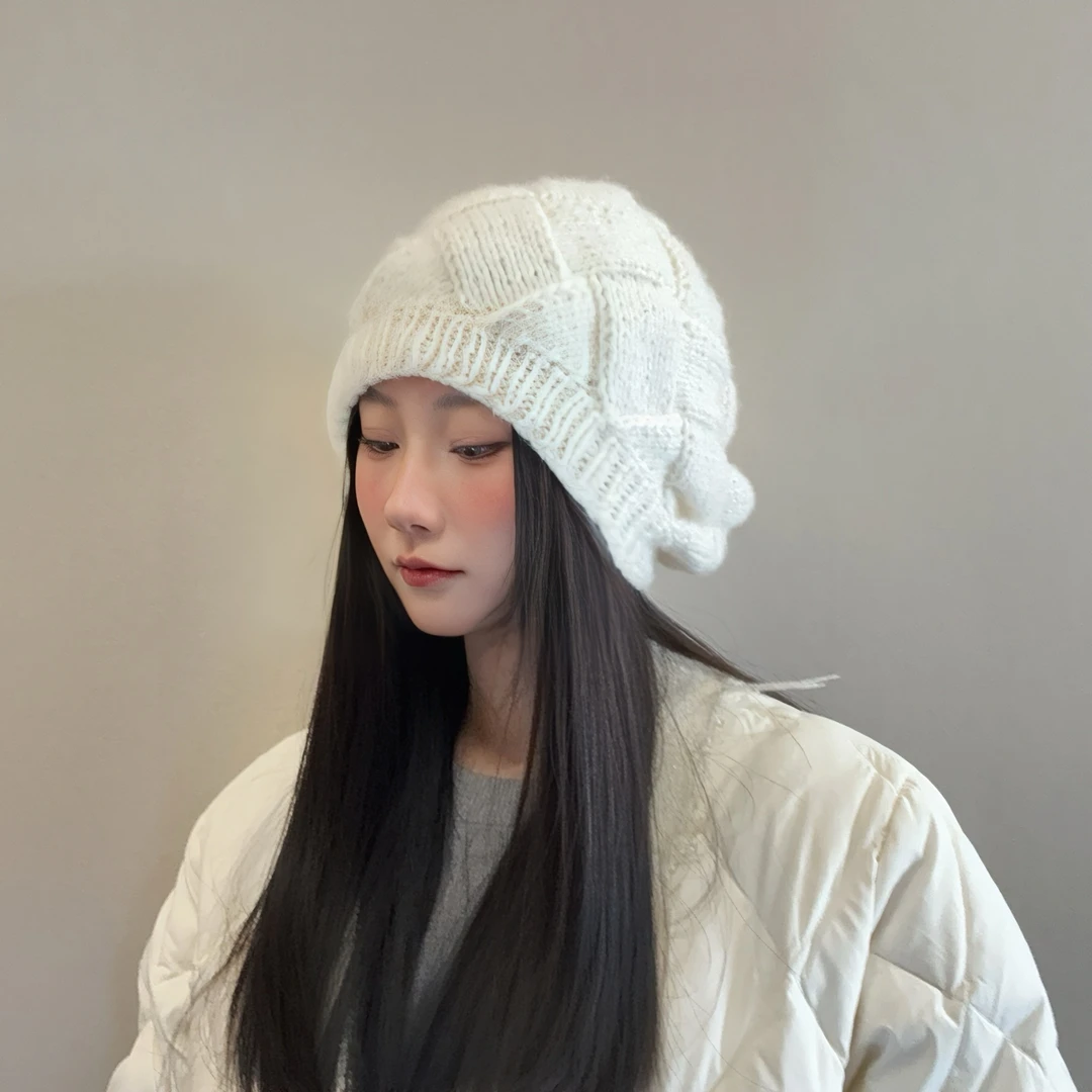 春花巧手手纯手工编织女秋冬棋盘格休闲纹理包头帽羊毛套头保暖帽